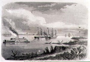 Un vapeur et un remorqueur sur le Mississippi, gravé par Stéphane Pannemaker (1847-1930) - Evremond de (after) Berard