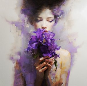 Une belle femme portant des fleurs violettes abstraites - F. Abderrahim