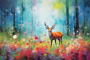 Un cerf dans la nature et les arbres de la forêt, couleurs vives