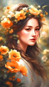 Femme décorée de fleurs dans un beau paysage