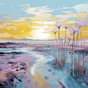 Fleurs violettes abstraites dans un paysage au coucher du soleil