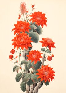Cactus abstrait avec des fleurs, estampe japonaise - F. Abderrahim