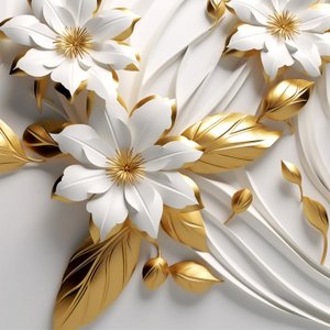 feuilles abstraites et fleurs blanches, texture dorée, art mural - F. Abderrahim