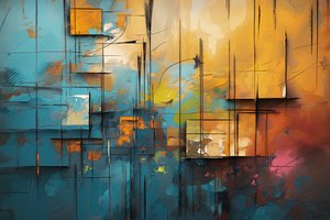 Peinture acrylique sur toile, bleu, orange et jaune