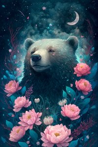 Ours dans une scène de rêve fantastique entouré de fleurs
