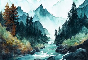 Forêt alpine fantastique en bord de mer avec rivières et collines