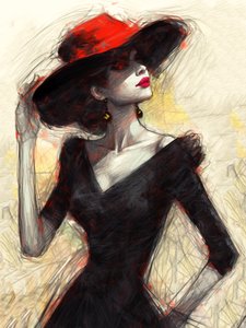 Femme à la mode avec un chapeau rouge, peinture abstraite - F. Abderrahim