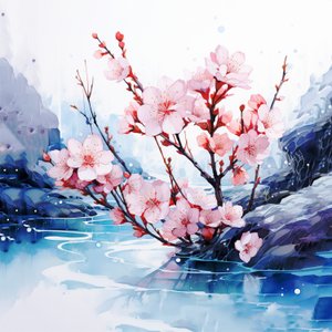peinture aquarelle surréaliste fleurs de cerisier japonais, art mural - F. Abderrahim