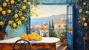 Art naïf abstrait, fenêtre sur paysage - F. Abderrahim