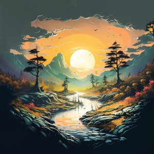 paysage de montagnes fantastiques au coucher du soleil, dessin numérique, art mural