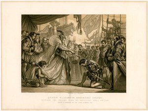 La reine Elizabeth adoubant Drake à bord du Golden Hind - F Fraenkel