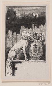 Vignette initiale."F" avec un chien et les armoiries de Copenhague
