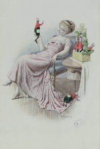 Carte postale représentant une femme avec des bouteilles de champagne en forme d