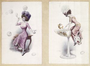 Cartes postales représentant une femme soufflant des bulles et pêchant dans un verre de champagne, vers 1900 (lithographie en couleur)