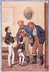 M. Peggotty a sorti deux homards prodigieux et un crabe énorme et un grand sac de crevettes de ses poches, illustration de David Copperfield, 1914