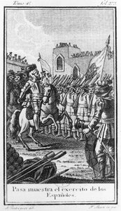 Hernando Cortes (1485-1547) passant en revue ses troupes, gravé par Antonio Rodriquez - F. Marti