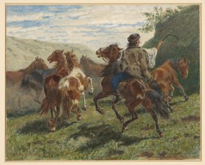 Cavalier hongrois conduisant plusieurs chevaux à l
