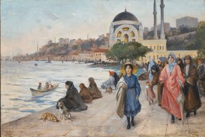 Mafalda sur les rives du Bosphore, la mosquée Dolmabahce en arrière-plan - Fausto Zonaro
