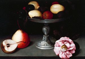 Présentoir avec prunes, poires et une rose, vers 1602