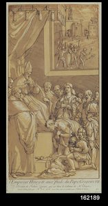 Empereur Henri IV (1050-1106) aux pieds du pape Grégoire VII (1020-85) gravé par Nicolas Le Sueur (1691-1764)