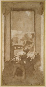 Homme dessinant au clair de lune depuis la fenêtre d