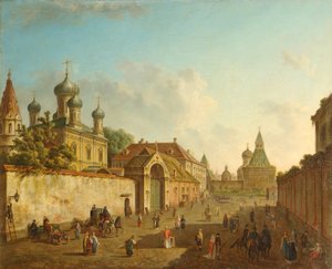 Vue de la place Loubianka vers la porte Vladimir à Moscou, années 1800