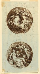 Dessin, Victoire ailée chevauchant un char ; Victoire ailée couronnant Minerve ; deux rondeaux, vers 1805 - Felice Giani