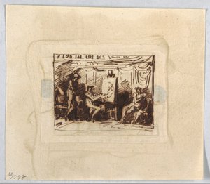 Scène figurative avec artiste dessinant une figure féminine tandis qu