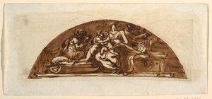 Lunette de la Sainte Famille avec Sainte Élisabeth et Saint Joseph