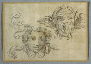 Masque avec guirlande et oreilles ; Masque avec barbe et oreilles de satyre