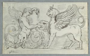 Frise sculptée avec demi-figure de garçon ailé et griffon - Felice Giani