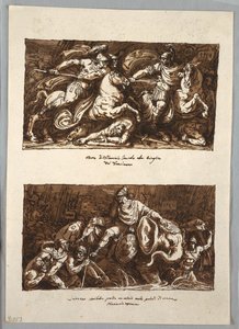 Page de carnet de croquis : Mort de Flaminius dans la bataille de Trasimène ; Annabelle perd un œil dans les marais de Fiano, Toscane - Felice Giani