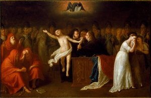 Avec la promulgation du Code civil ou Code de Napoléon Bonaparte (1765-1821) le 21/03/1804 régulant les lois entre les personnes privées, les femmes à droite symbolisent probablement la loi régissant le statut de la mère au sein de la famille, inférieure à