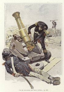 Un soldat inspecte un canon à côté du corps d