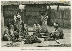 Indigènes fabriquant du tabac. Gravure par Myrbach pour illustrer l