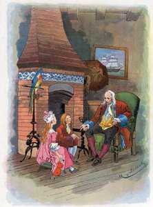 Robinson Crusoé raconte ses aventures à ses enfants. Illustration de Felician MYRBACH MYRBACH RHEINFELD (1853-1940) pour le livre de Daniel Defoe Robinson Crusoé. Vers 1934 - Felicien baron de Myrbach Rheinfeld