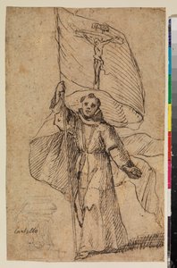 Moine franciscain tenant une bannière avec le Crucifix - Felipe Gomez de Valencia