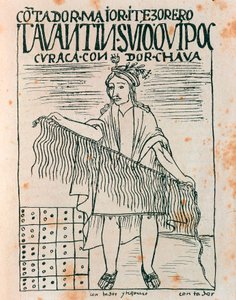 Homme inca tenant un quipu: système de comptabilité utilisant des cordes et des nœuds - Felipe Huaman Poma de Ayala