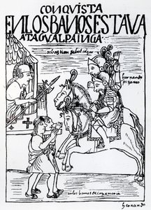 Sebastian de Benalcazar et Hernando Pizarro confrontent Atahualpa Inca aux bains royaux de Cajamarca - Felipe Huaman Poma de Ayala