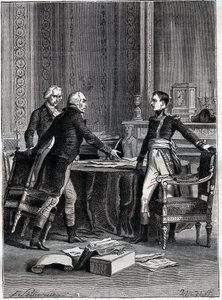 Première délibération des trois consuls au Palais du Luxembourg - Napoléon Bonaparte, Emmanuel Joseph Sieyès et Pierre Roger-Ducos 1799 - Gravure par Barbant, d