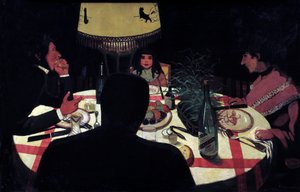 Dîner, effet de lampe. Représentation du peintre entourant sa femme et ses beaux enfants - Felix Edouard Vallotton