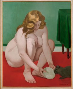 Femme accroupie offrant du lait à un chat