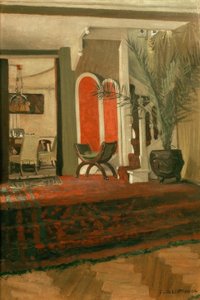 Intérieur, salon avec escalier et salle à manger dans le fond