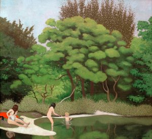 Paysage sous-bois ensoleillé, avec deux femmes et un enfant - Felix Edouard Vallotton