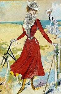 Mode Belle Époque : « La sportive » Tenue de jeune femme cycliste. Illustration par Félix Fournery (1865-1938) 20e siècle. Paris, Arts décoratifs