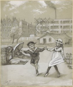 Garçon et fille dansant dans un parc ou une aire de jeux - Felix Hess (signed by artist)