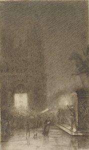 Rassemblement en soirée devant une cathédrale - Felix Hilaire Buhot