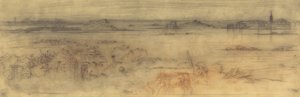 Paysage marin avec une ville fortifiée à droite, des îles à gauche et une chaumière au premier plan - Felix Hilaire Buhot
