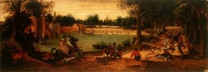La Chasse au sanglier: Une des deux paysages - Ferdinand Bol