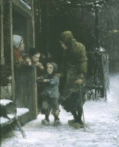 Vieille femme et jeune garçon mendiant